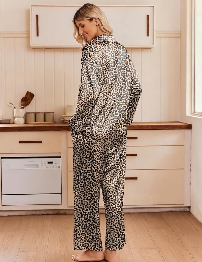 Women's Satin Silk Pajamas Long Sleeve Button Up Pjs Lounge Sets