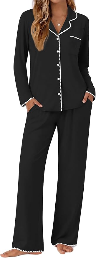 Pajamas for Women Set Long Sleeve Lounge Set Soft Button Down Pjs