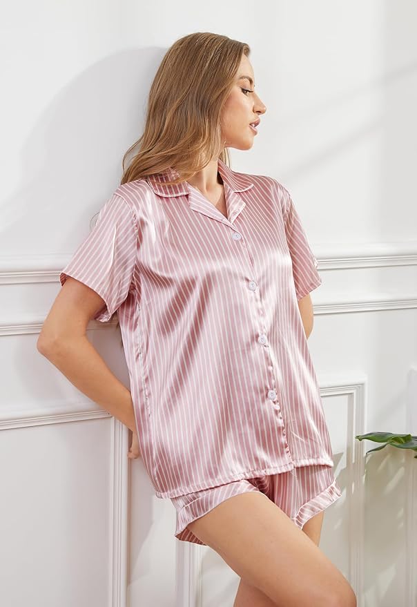 Women's Striped Satin PJ Set, Soft Feel Drawstring Shorts