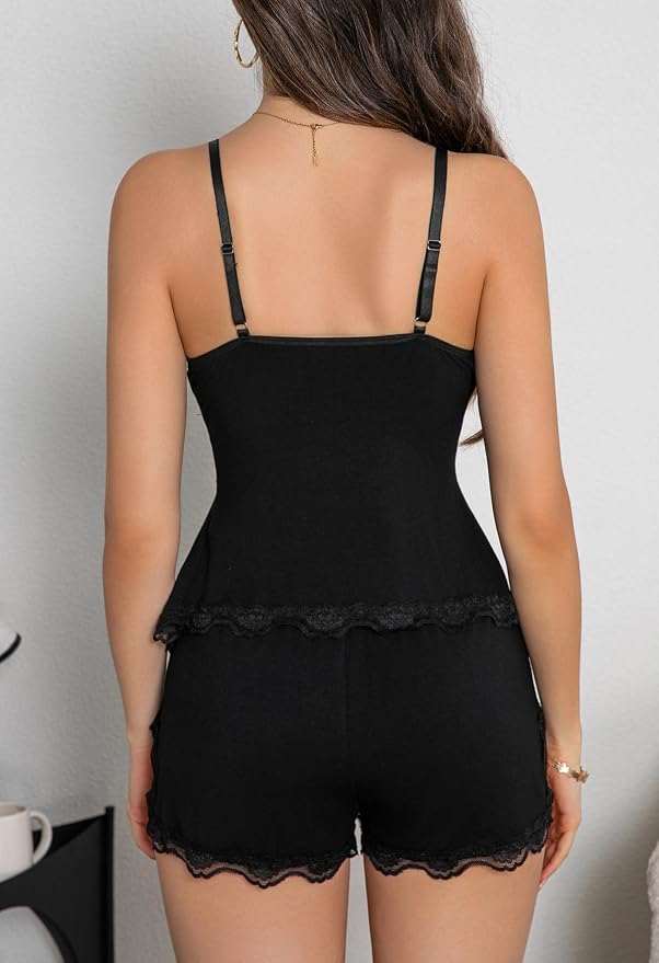 Women's Sexy Pajama Set Lace V Neck Camisole Lingerie Nightwear Cami PJ Sets with Elastic Waist Slit Shorts