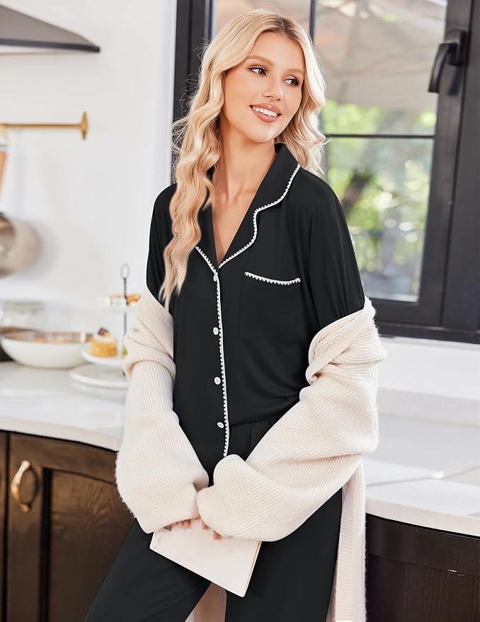 Pajamas for Women Set Long Sleeve Lounge Set Soft Button Down Pjs