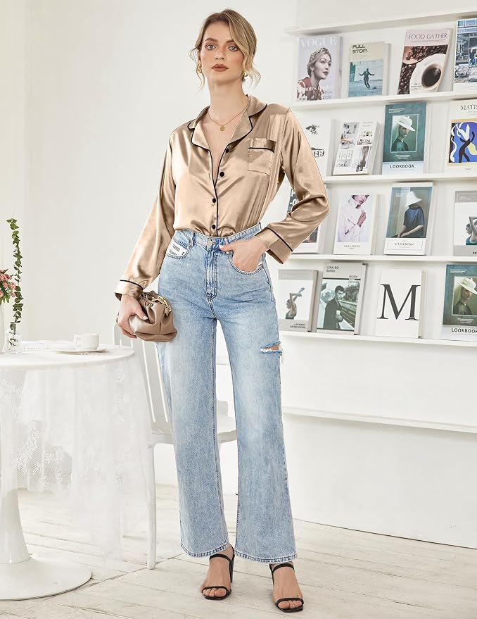 Satin Silk Pajamas for Women Button Down Long Sleeve PJs Set
