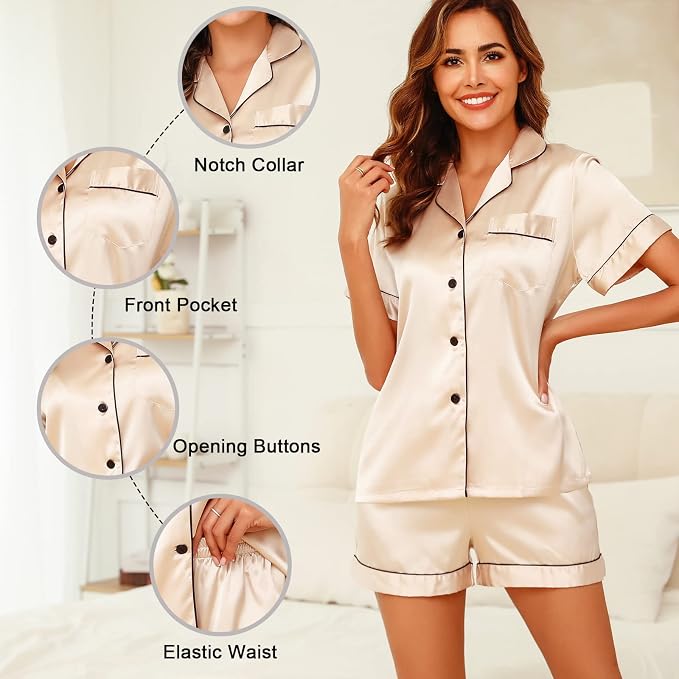 Womens Silk Pajamas, Short Sleeve Satin 2 Piece Pj Sets Button-Down Sleepwear Loungewear Pjs Shorts Set
