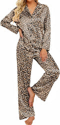 Women's Satin Silk Pajamas Long Sleeve Button Up Pjs Lounge Sets