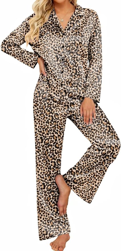 Women's Satin Silk Pajamas Long Sleeve Button Up Pjs Lounge Sets